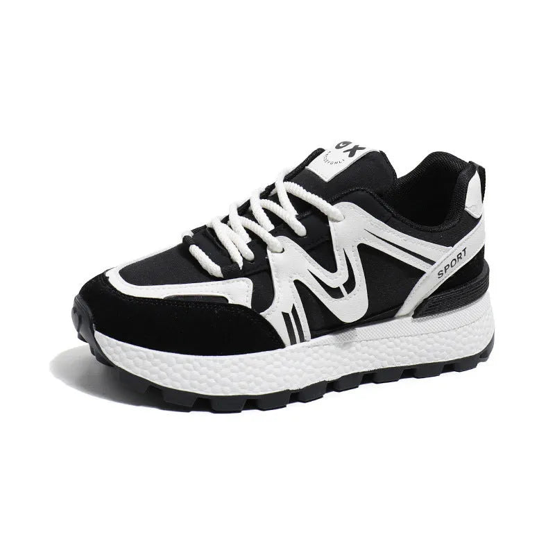 Women's black platform casual sports shoes with round toe and front lace-up design