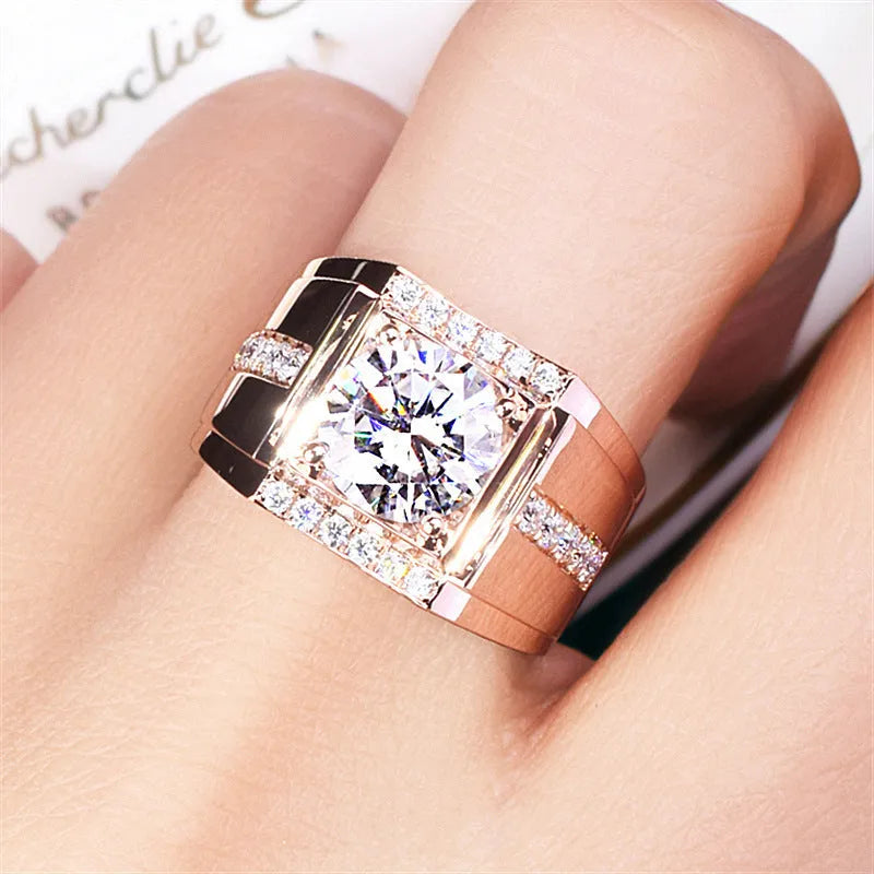 Men's adjustable geometric diamond ring with high carbon zircon in rose gold electroplated finish