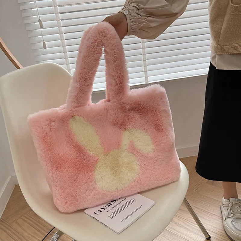 Plush rabbit ears tote bag in solid colour with shoulder strap and large capacity design