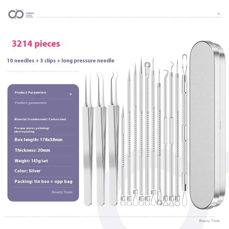 Four-piece metal acne needle set with ultra-fine pointed tips for blackhead removal