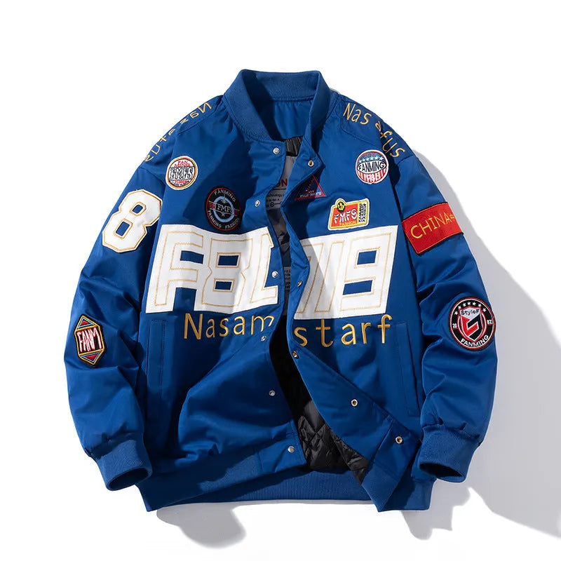 Black American motorcycle baseball jacket with side pockets, shown with detachable hood, for couple riding.