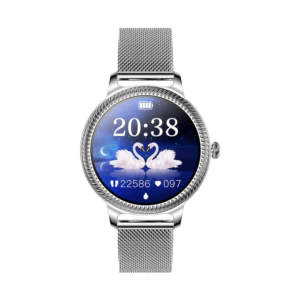 AK38 ladies smartwatch with stainless steel wristband showing 1.09-inch colour display