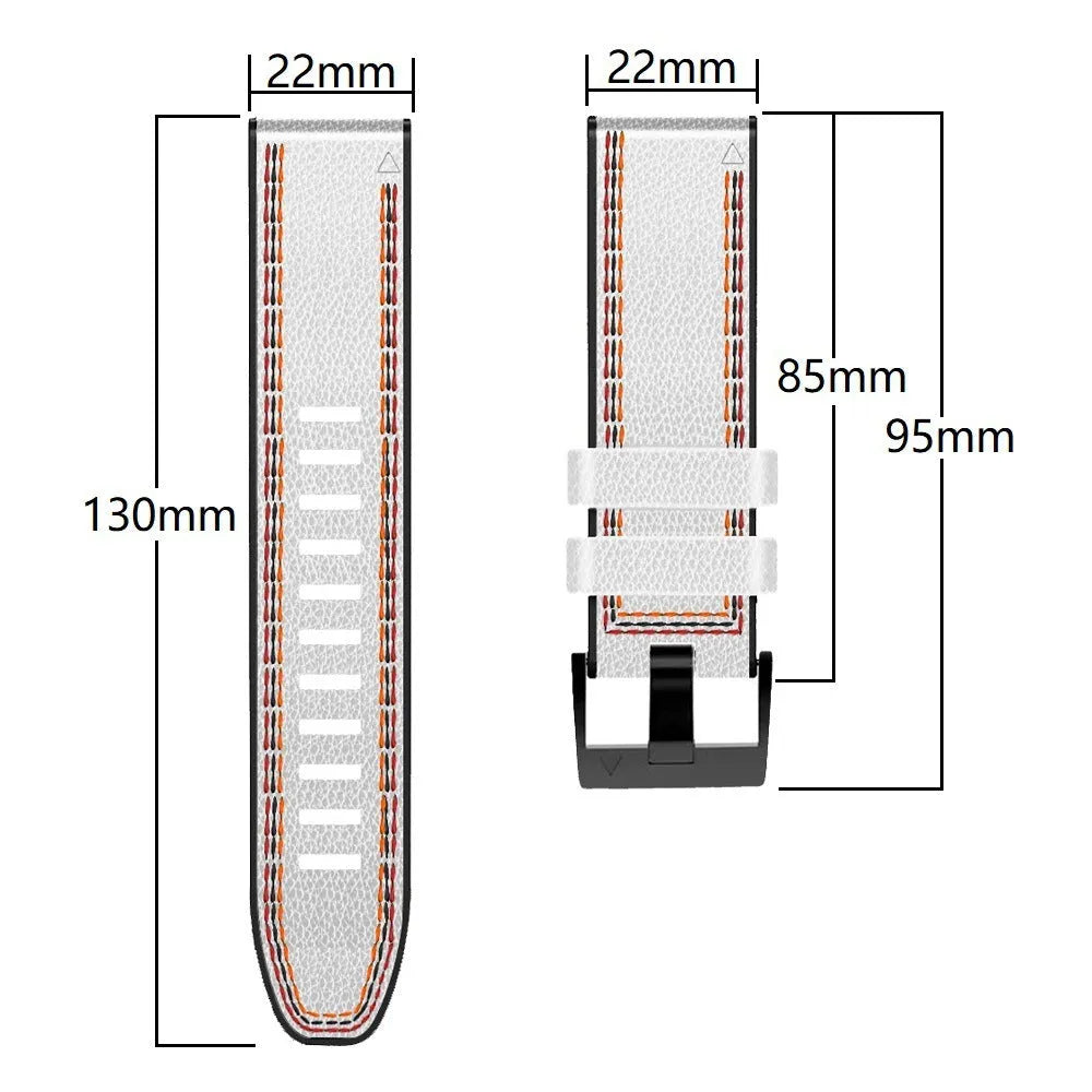 Silicone leather watchband for Garmin Fenix smartwatches with quick release bars in black colour.