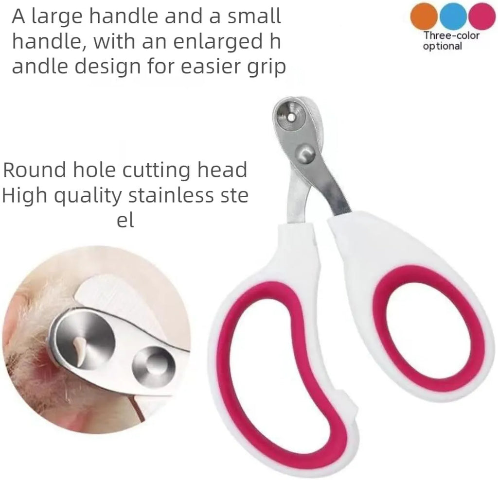 Blue pet nail clippers with circular safety hole and cushioned non-slip handle for trimming cat and bird nails.