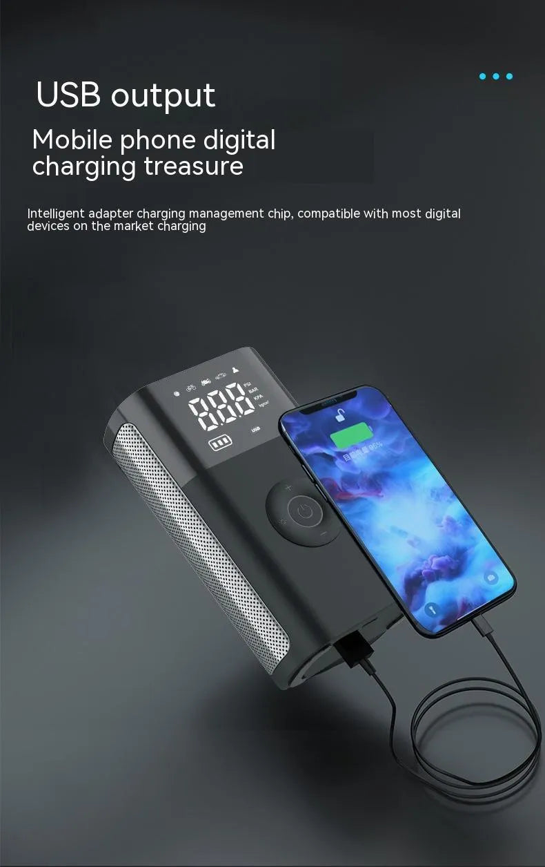 Wireless digital display air pump with car tyre adapter and pressure gauge on ABS housing