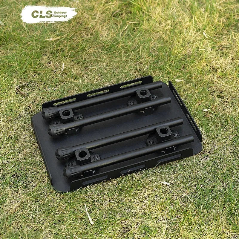 CLS Outdoor aluminium folding camping stool with PU cushion next to its bag that converts into a small table.