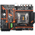 Black X99 chipset desktop motherboard with LGA2011-3 socket, four DDR4 slots, and PCIe expansion slots.