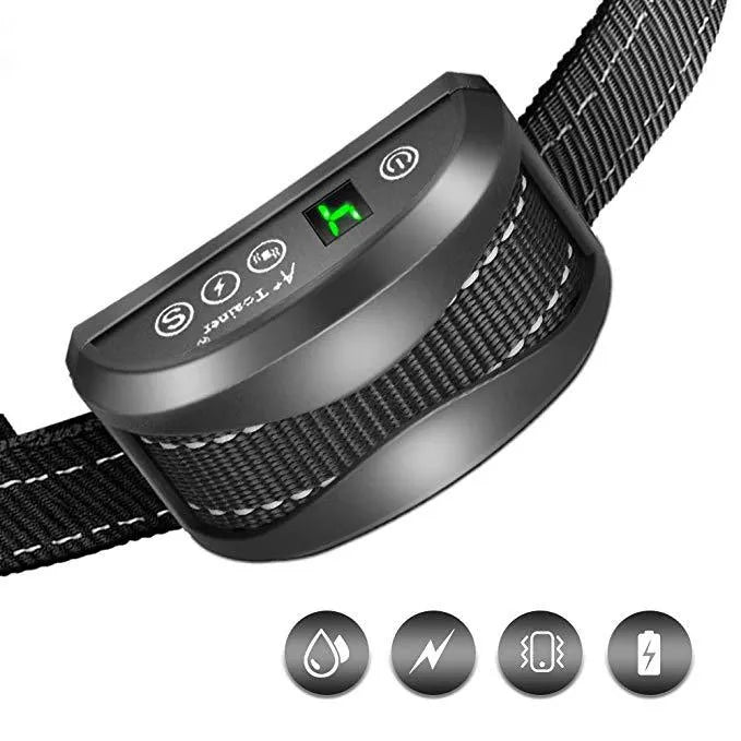 Electronic dog bark collar with digital display and adjustable black nylon strap.
