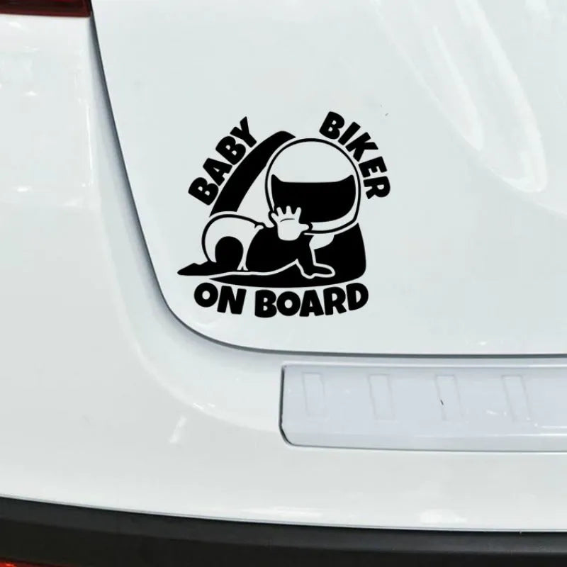 Black and white reflective BABY ON BOARD car safety sticker measuring 14.5 by 15 centimetres.