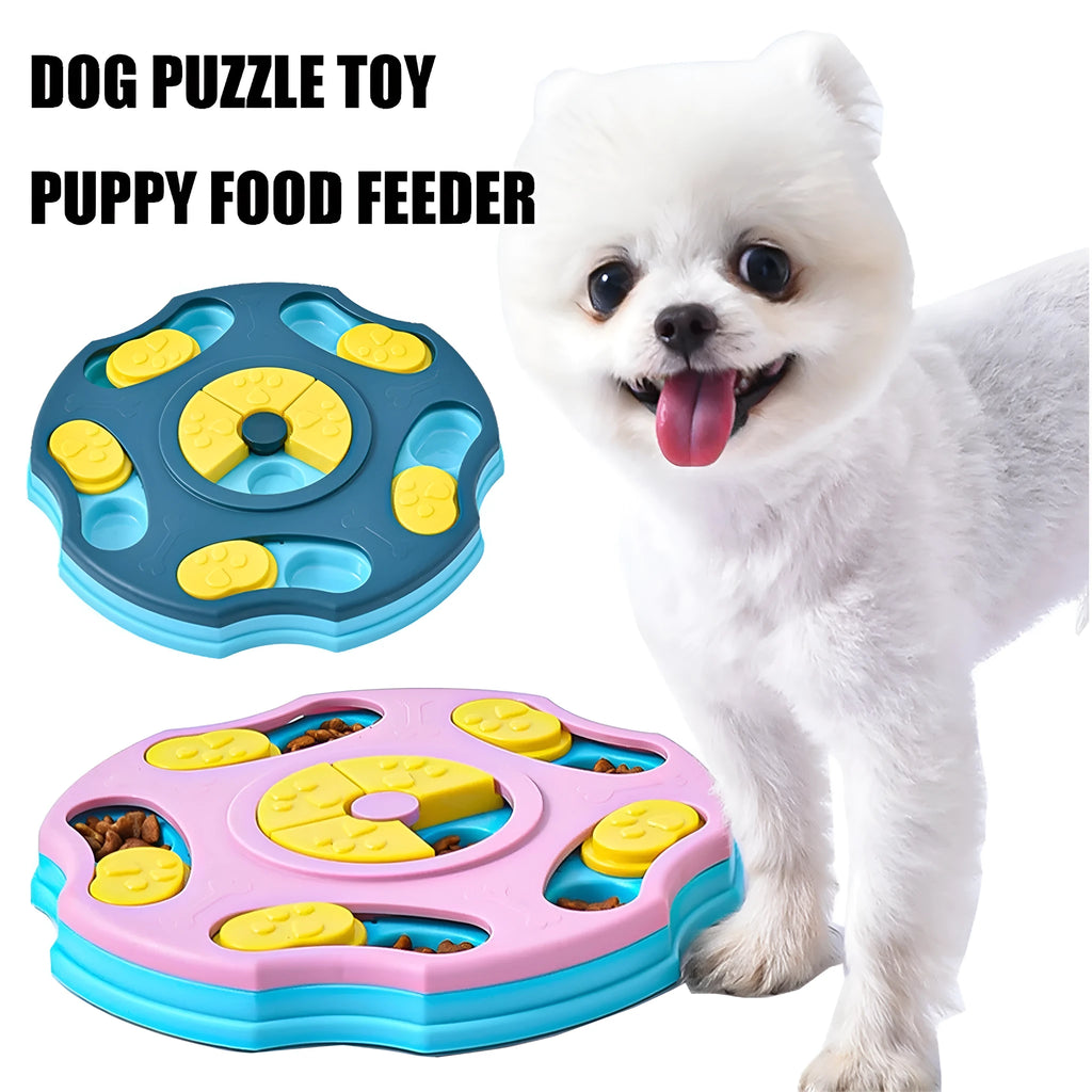Blue and pink dog puzzle toy food feeder for interactive play and slower eating