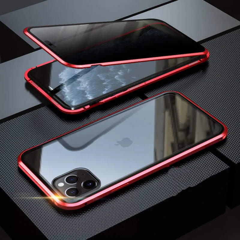 A glass clamshell anti-spy privacy case for iPhone, shown in a solid colour with a geometric design.