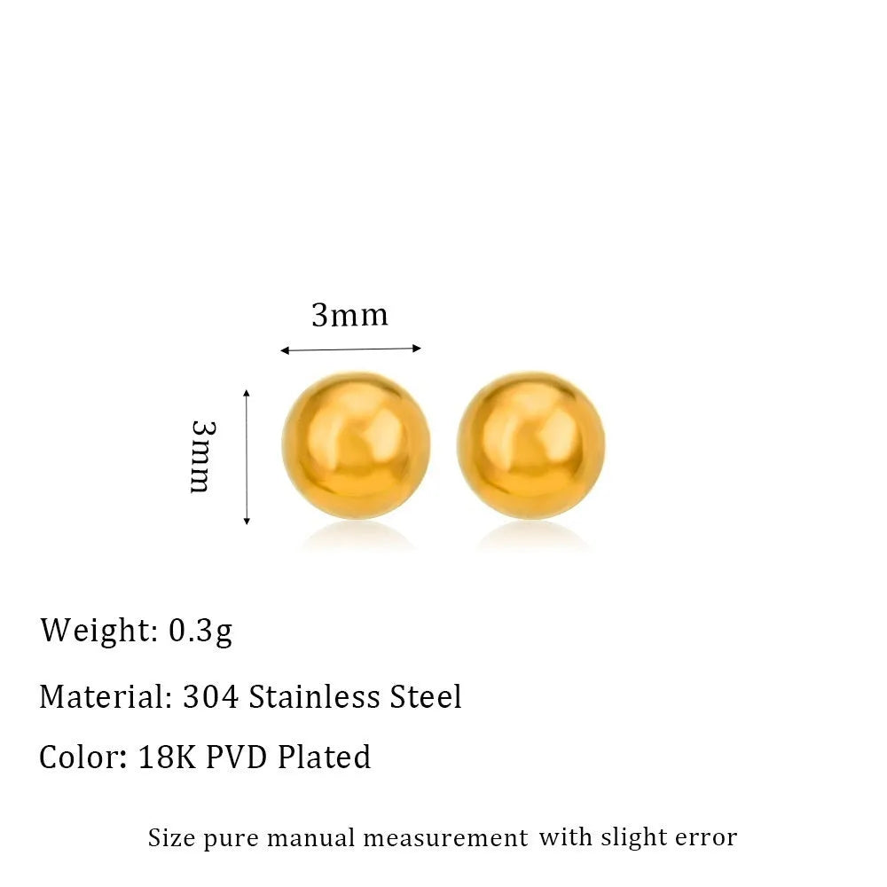 Stainless steel ball stud earrings showing 3mm, 4mm, 5mm, and 6mm sizes with gold and silver finishes