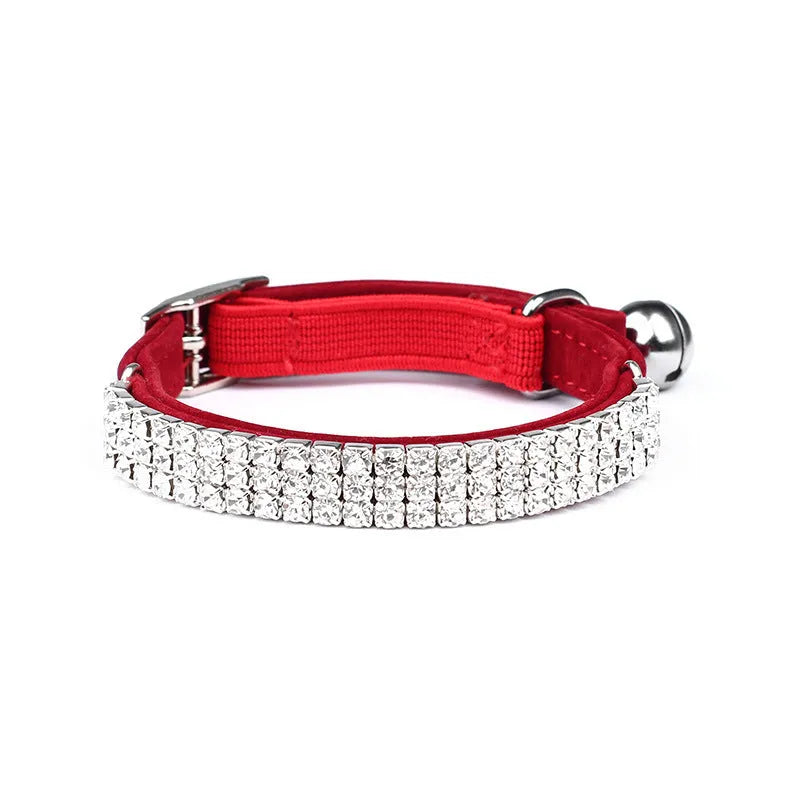 Red suede velvet cat collar with rhinestone, adjustable 20-30cm length.