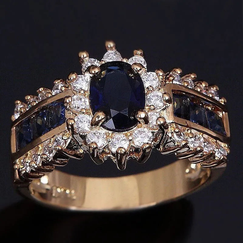 Personalised unisex ring with sunflower blue diamond or square-cut blue and purple zircon designs.
