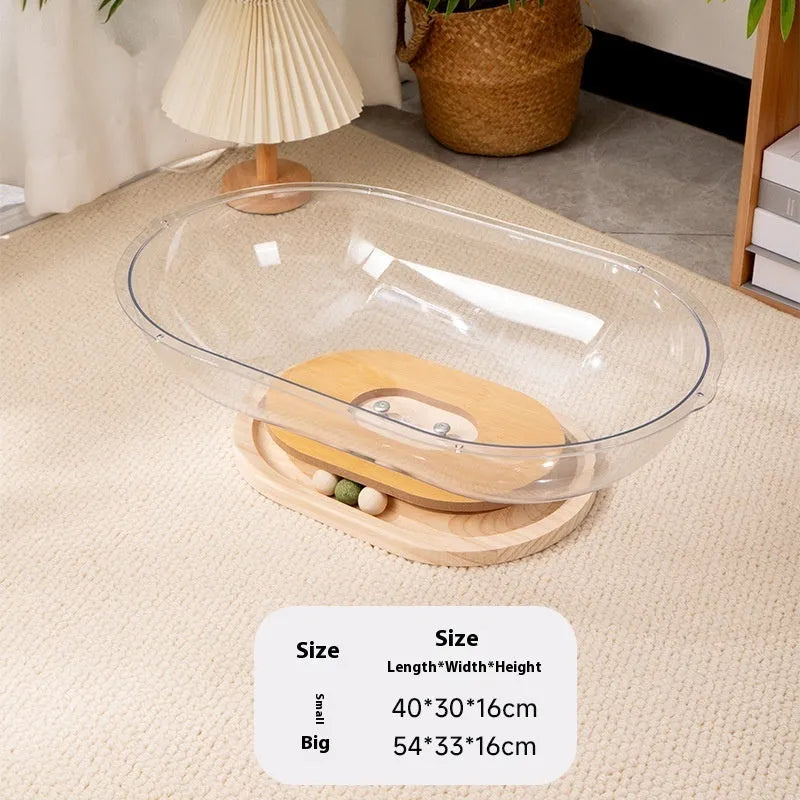 Transparent acrylic cat space capsule bathtub bed with turntable base on wooden floor