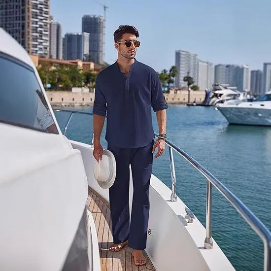 Men's casual cotton suit in a solid colour, featuring a long-sleeve top and trousers.