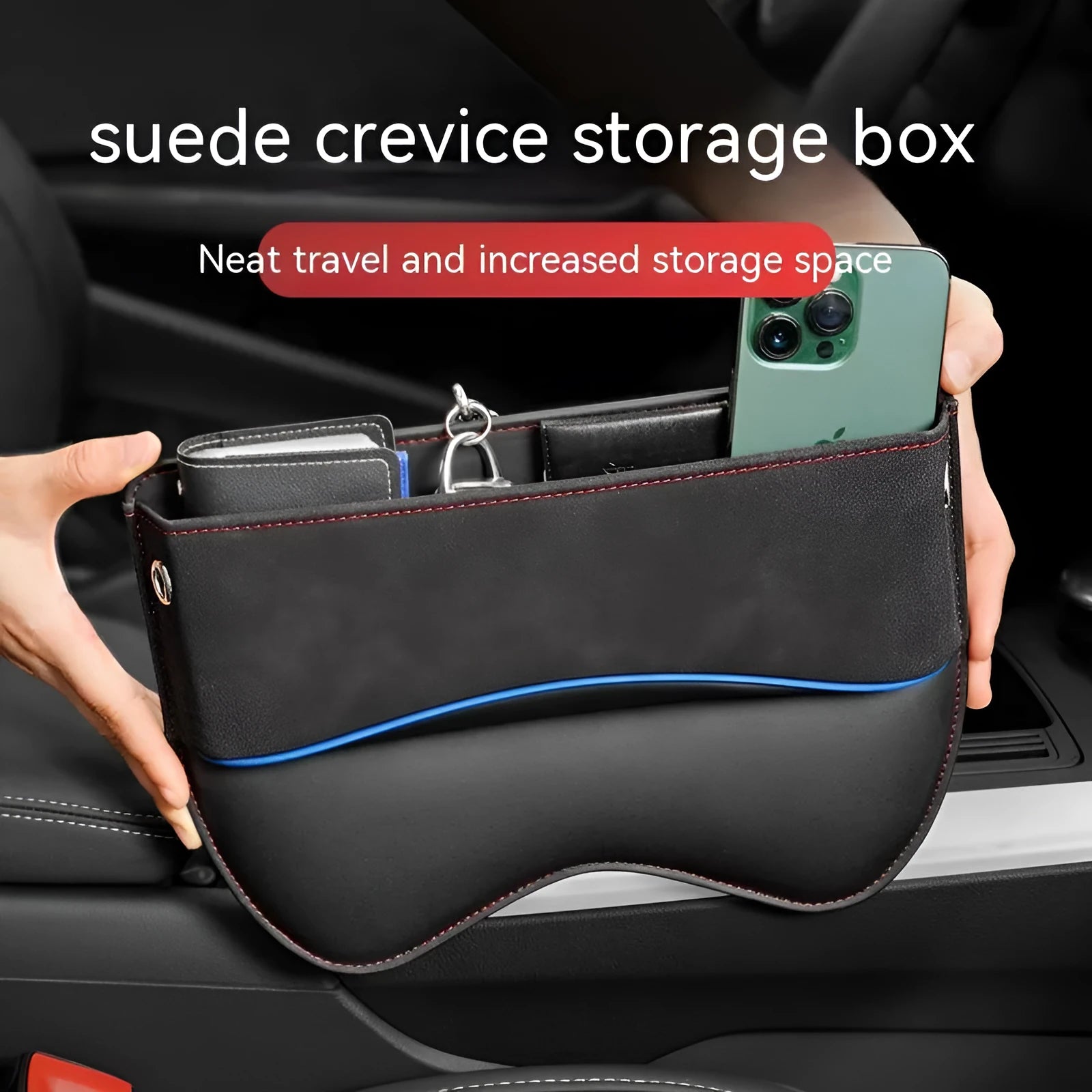 Leather car seat storage box in choice of black, brown, beige, green or red suede colour