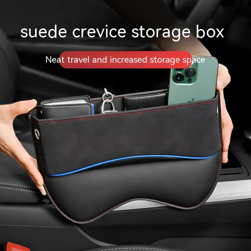Leather car seat storage box in choice of black, brown, beige, green or red suede colour