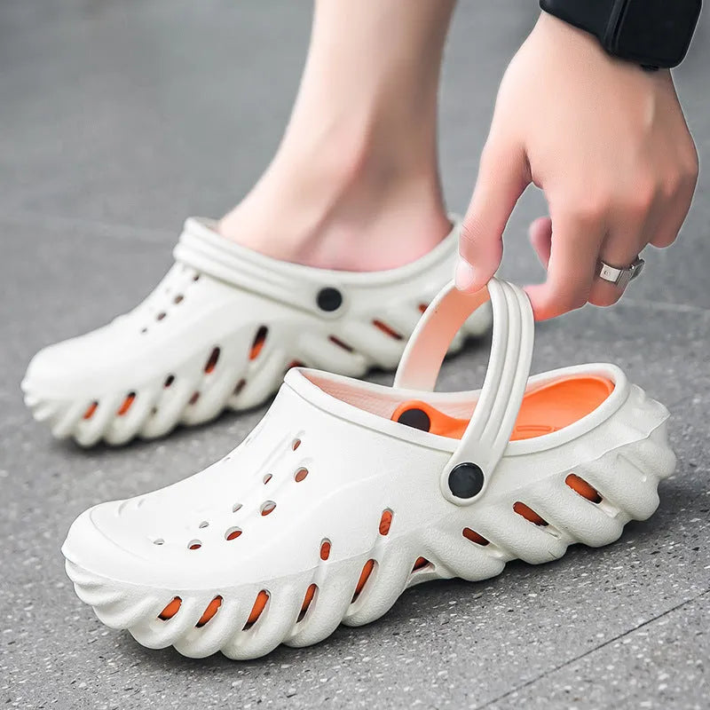 Men's beige EVA outdoor sandals with hollow out breathable design and non-slip sole