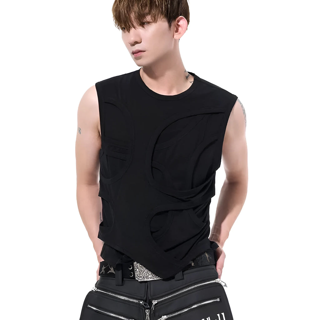 Men's solid colour lyocell vest with round neck collar on a grey background.