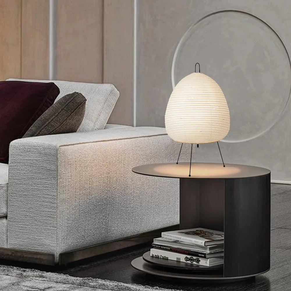 Japanese style rice paper table lamp with aluminium base and handmade shade showing three-tone dimming control