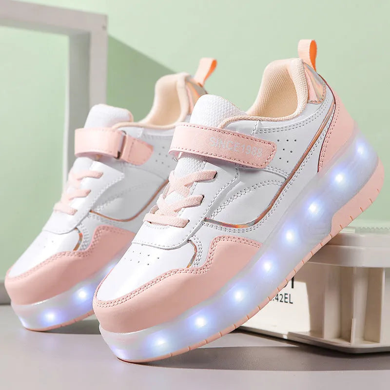 Child wearing charging flash roller skates with illuminated LED wheels, showing pink and black colour options.