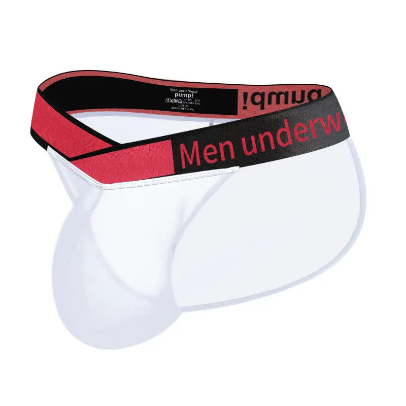 Men's gradient transparent ice silk briefs with large V-front design in black, red, and white colour options