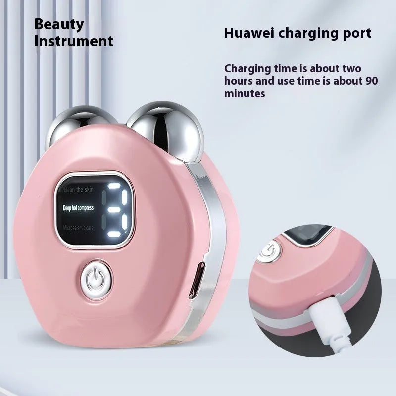 Portable white hot compress and micro current double-roller facial massage instrument with USB charging cable