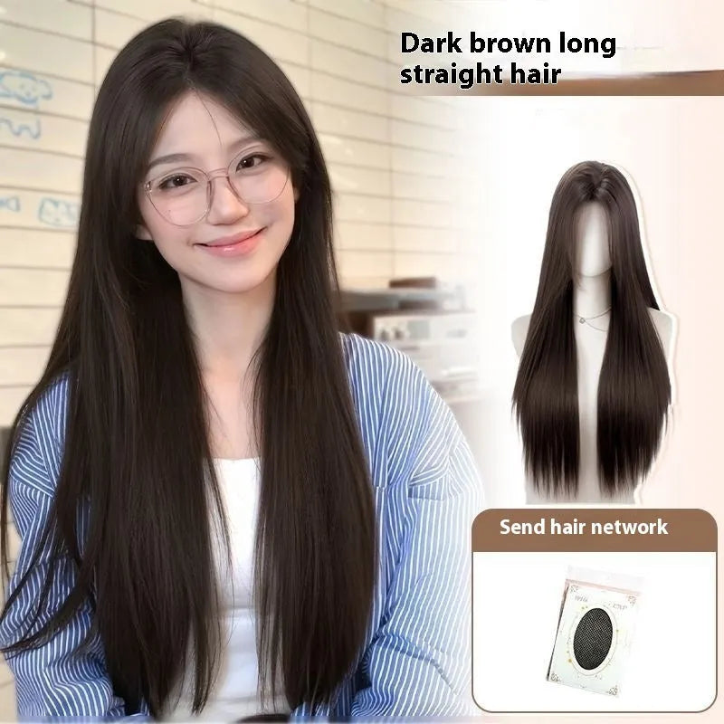 Full-head lace front wig with mid-length straight black hair displayed with styling accessories