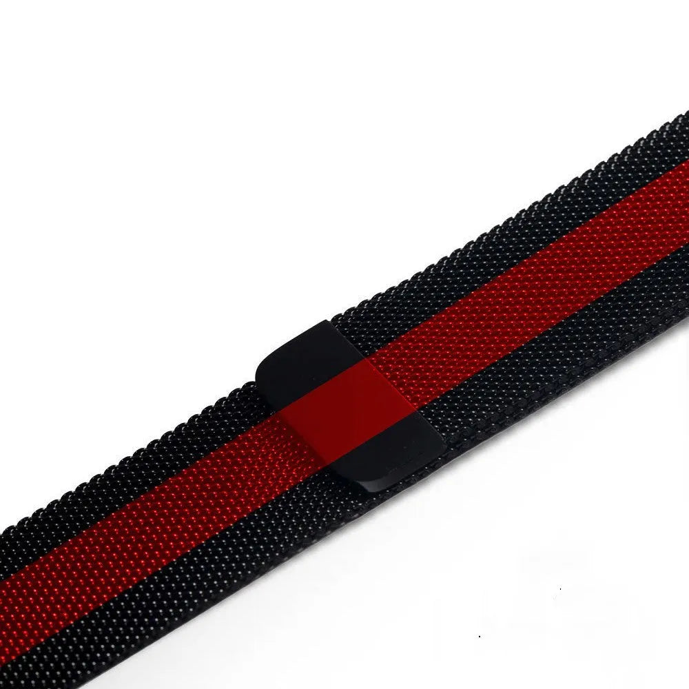 Stainless steel watch replacement strap in silver on a grey background showing adjustable links and buckle.