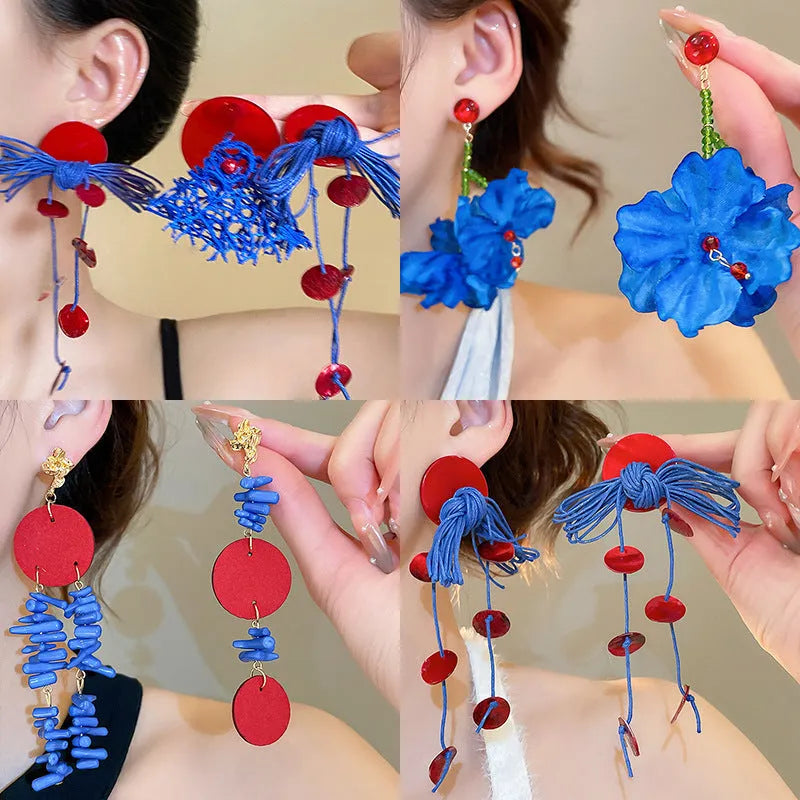 Handmade geometric women's earrings with blue resin flowers on cloth material, 30 Silver Needle colour