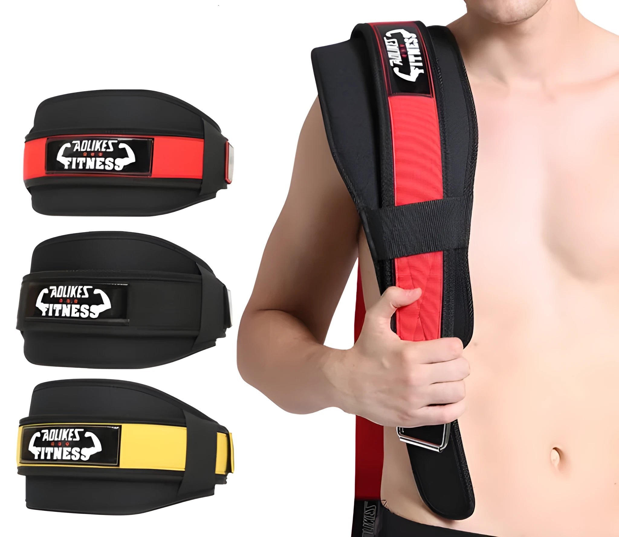 Nylon fitness waistband for adult weightlifting in black, red, or yellow colours