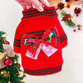 Red and green Merry Christmas dog jumpers for small to large pets on a festive background