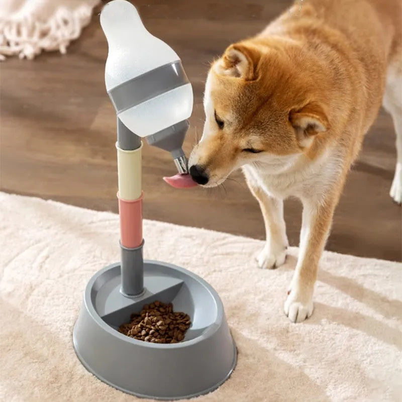 Green adjustable height pet water dispenser with detachable pole and bowl on a floor.