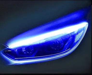 Flexible silicone car LED daytime running light strip with flowing turn signal animation, shown in multiple colours.