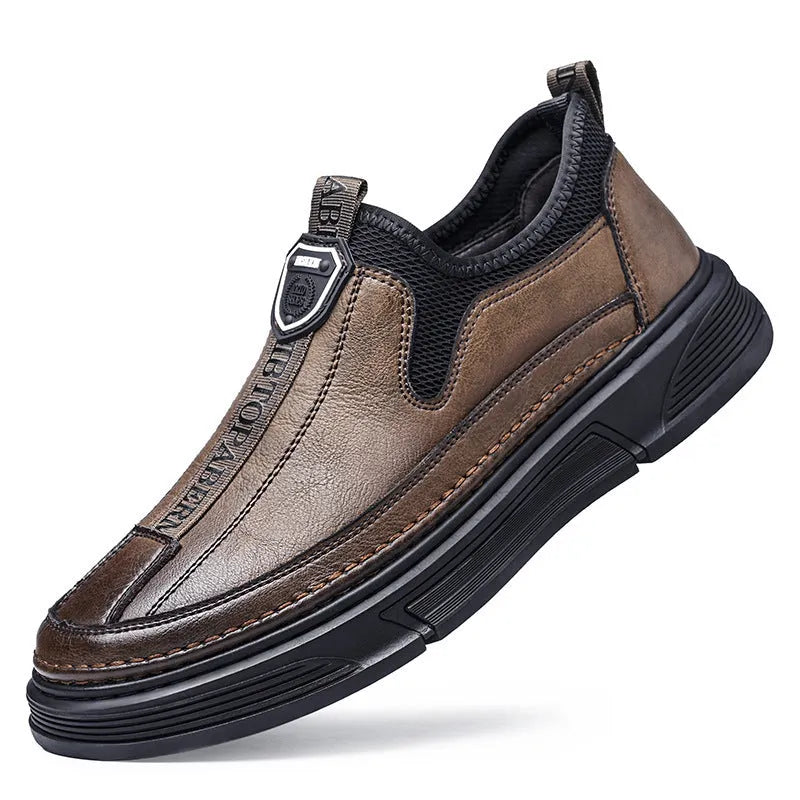 Men's casual leather shoes with round toe in black and brown solid colours