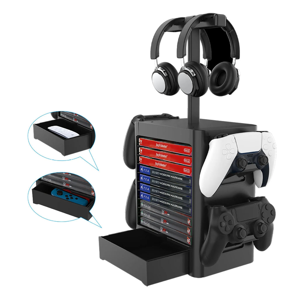 Black ABS gaming accessory rack holding controllers, headphones, and with drawer open showing game cards