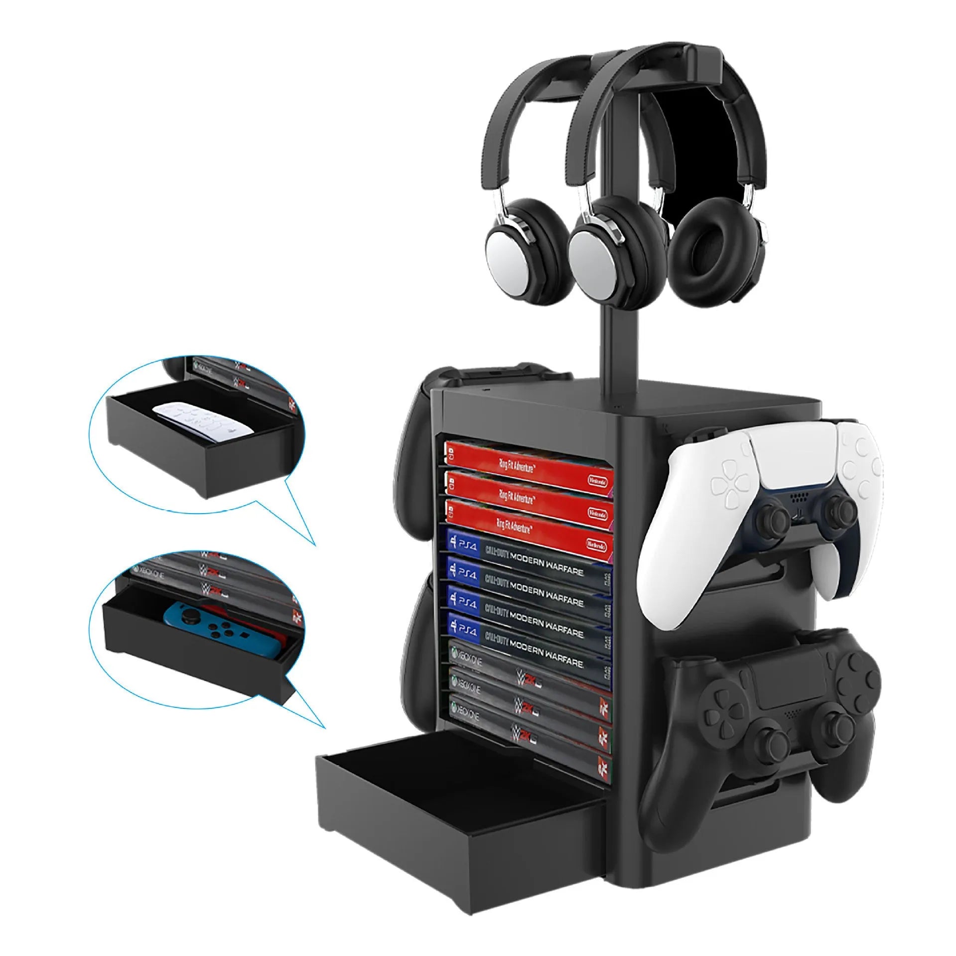 Black ABS gaming accessory rack holding controllers, headphones, and with drawer open showing game cards