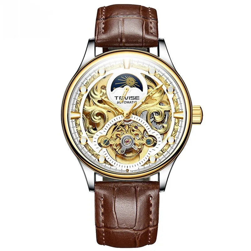 Men's automatic waterproof mechanical watch with 16mm case and leather strap