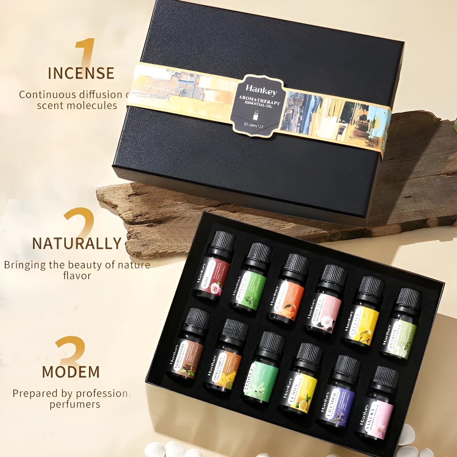 Boxed sets of water-soluble aromatherapy essential oils in 3, 5, 6, 10 or 12 bottle combinations