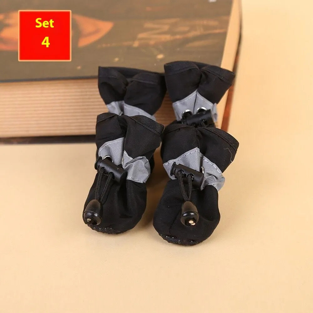 Soft sole cloth dog shoes showing multiple colour options including fleece-lined and monkey print designs