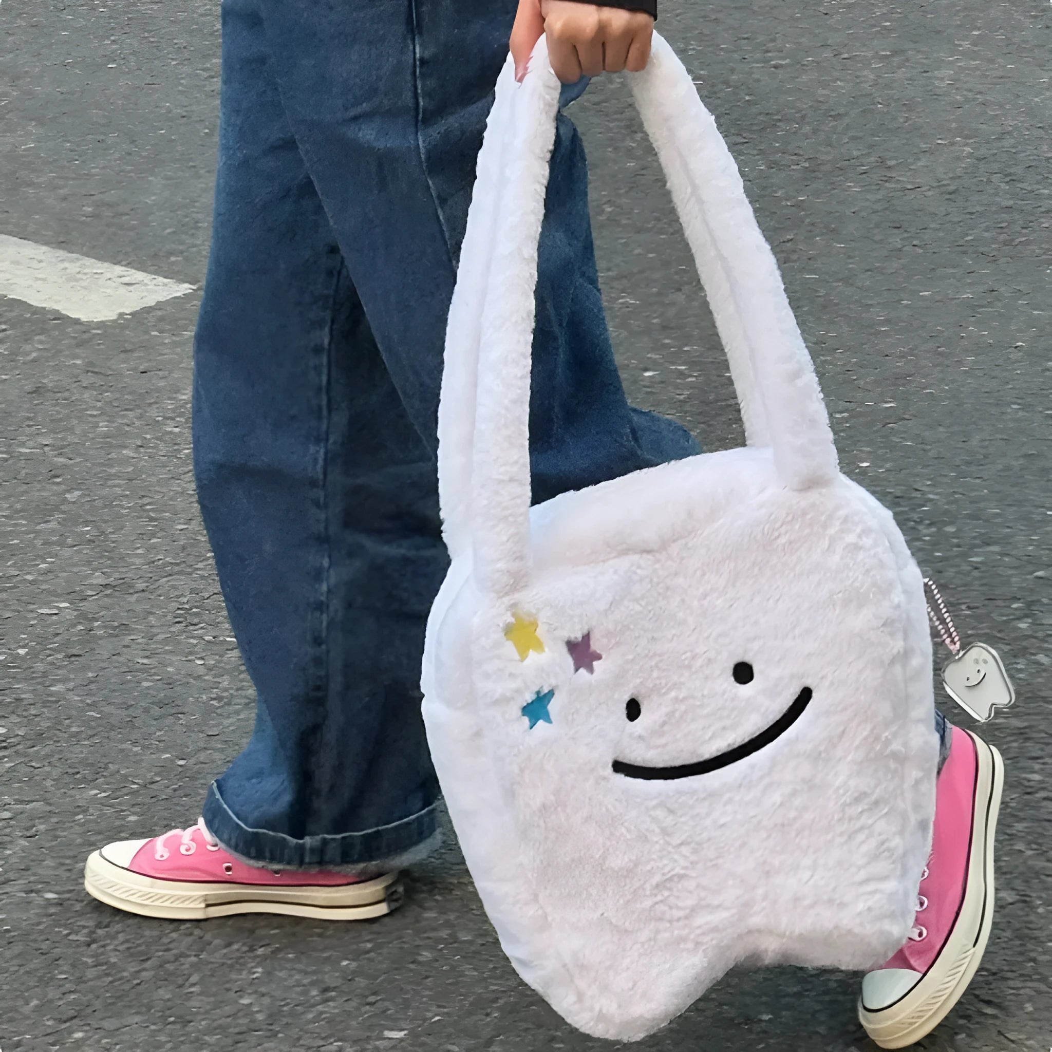 White plush large tooth shoulder tote bag with crossbody strap and zipper closure