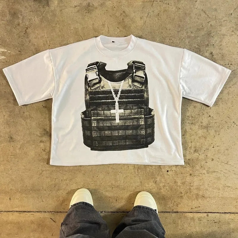 Men's printed cotton short-sleeve t-shirt in retro street style with drop-shoulder sleeves.
