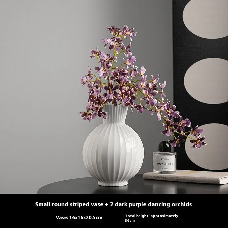 White American striped ceramic ball vase for living room decoration with orchid stem options