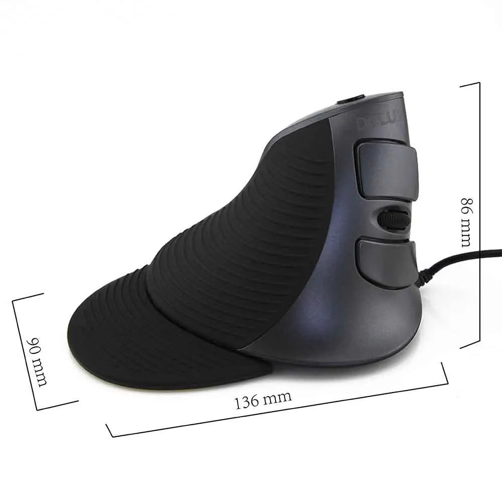 Black ergonomic vertical wired optical mouse for desktop computers with USB cable