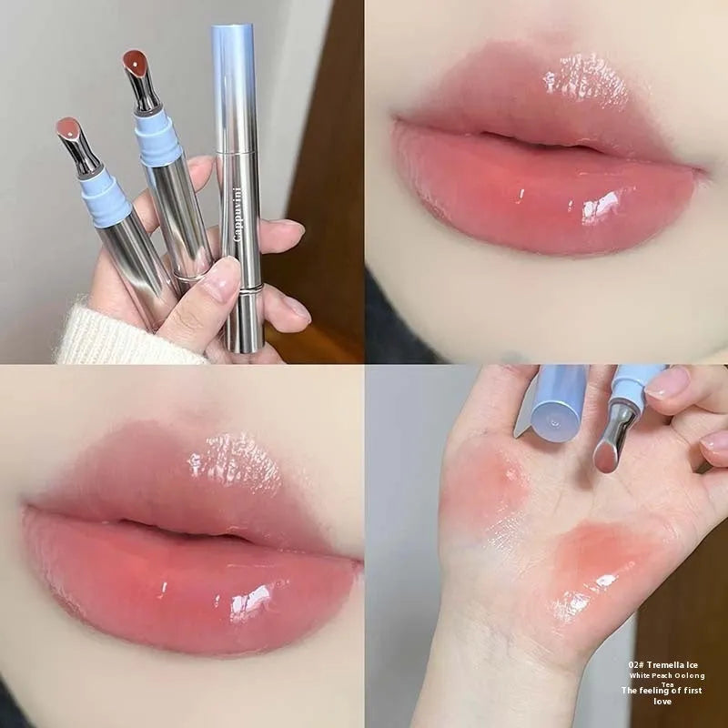 Mirror Water Light Lip Gloss Lipstick in six sheer ice colours including almond, raspberry, and pear.