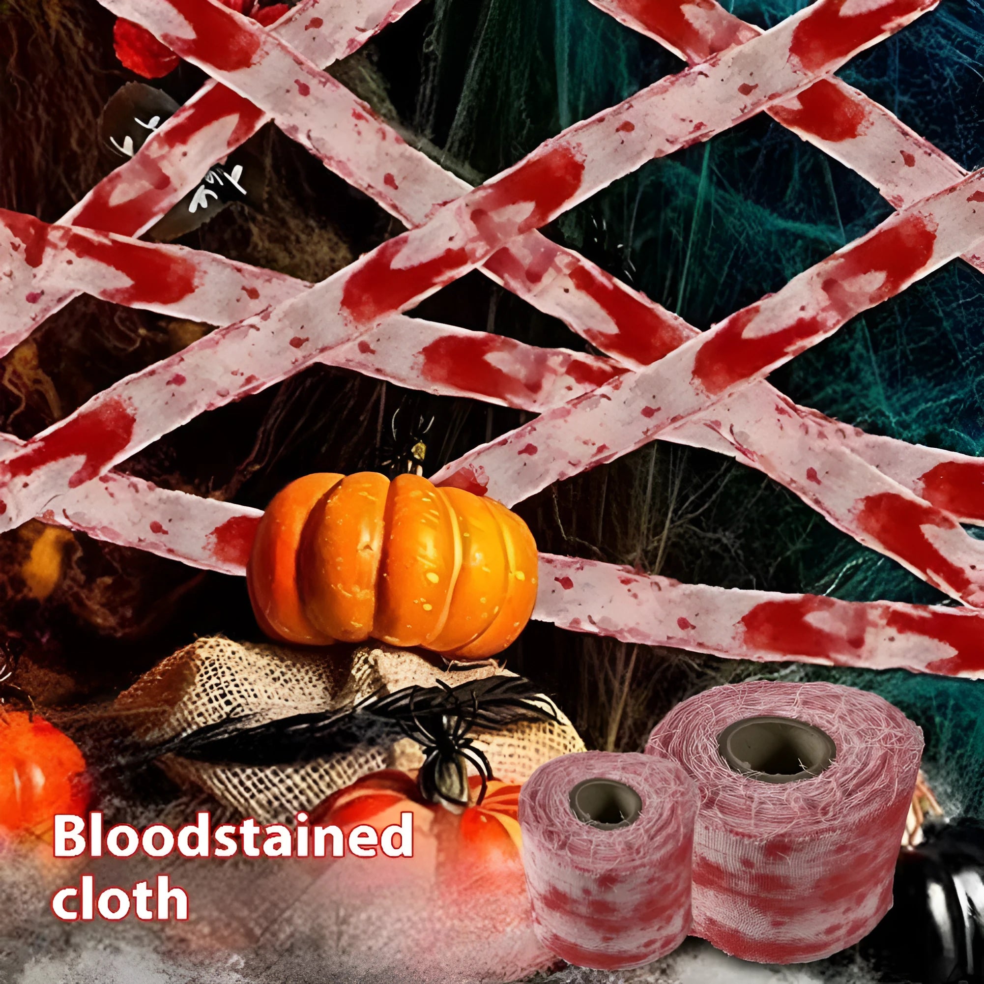 Halloween bloody red and white polyester gauze bandage rolls showing 8cm width, for decorations and costumes.
