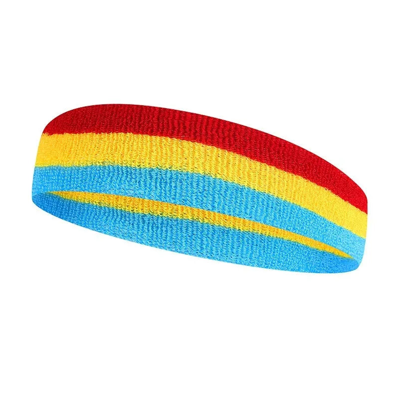 Multi-colour striped sports headband for adults shown in a 5.5 by 20 cm size.