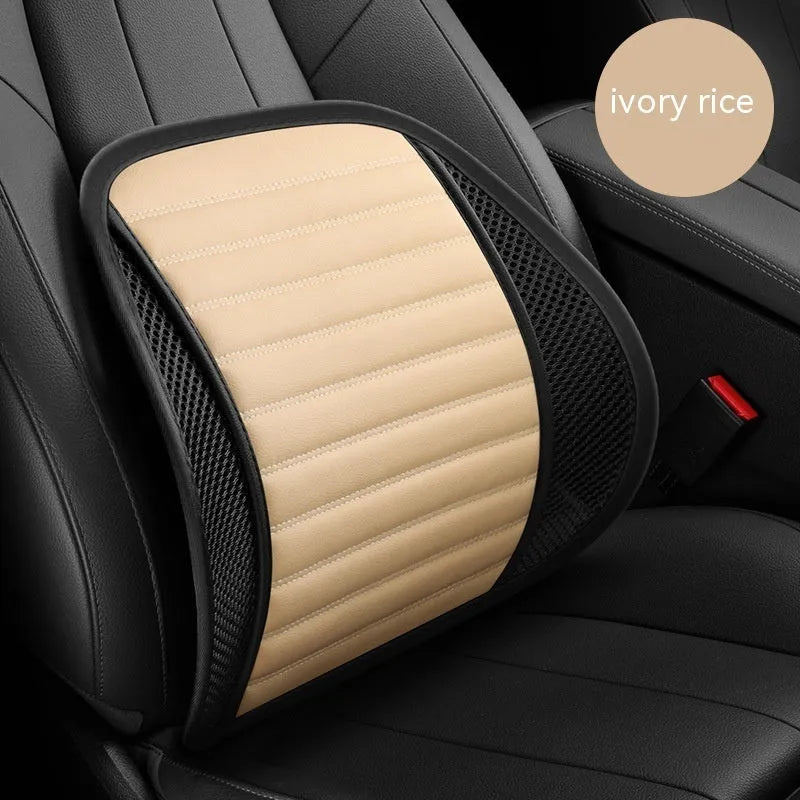 Leather lumbar support cushion shown in sapphire blue colour for car seats and chairs