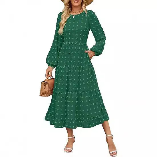 Women's long sleeve autumn dress with high waist and ruffle sleeves in solid colour